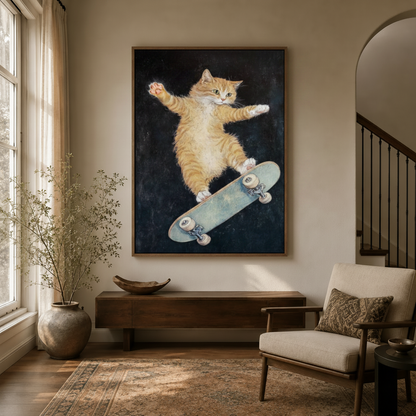 Orange tabby cat skateboard art in natural wood frame hung in a neutral entryway with console table
