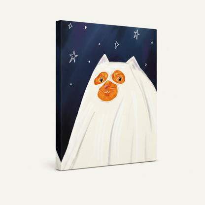 Gallery wrapped canvas side view of illustrated orange cat ghost wall art with navy background