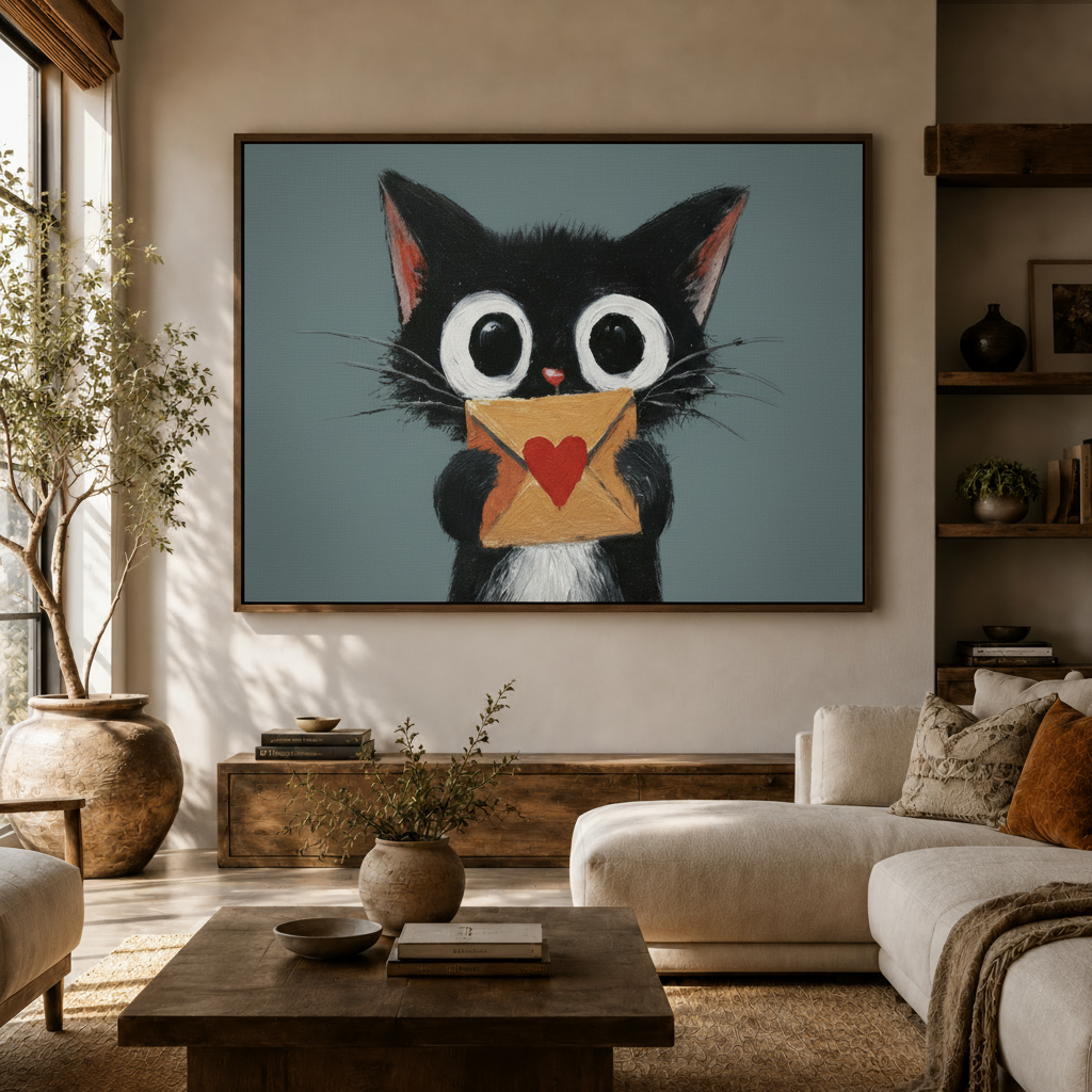 Wide-eyed black cat love letter framed canvas art above console in cozy earth-tone living room