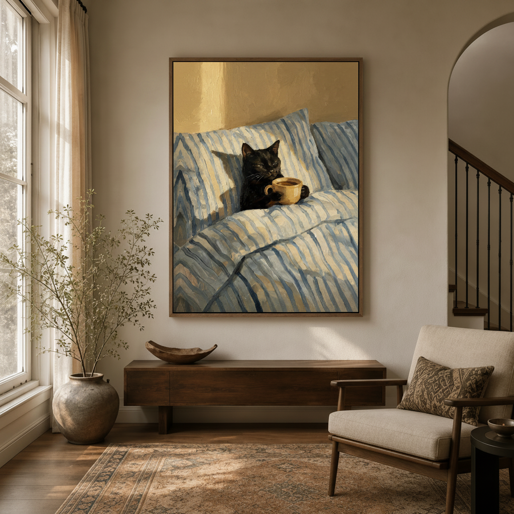 Black cat canvas wall art in walnut float frame displayed in warm entryway with arched doorway