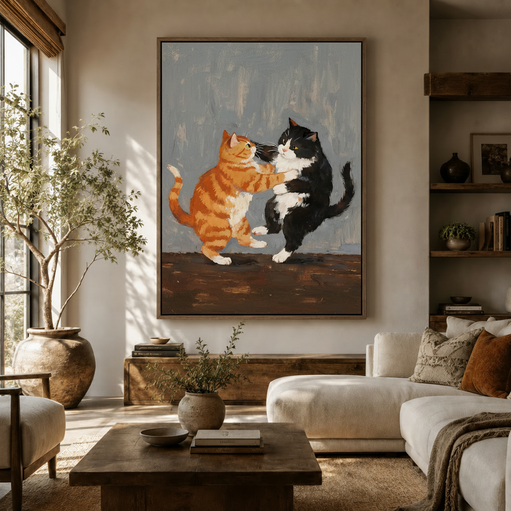 Funny cat fight wall art in a neutral living room above a white linen sofa and coffee table
