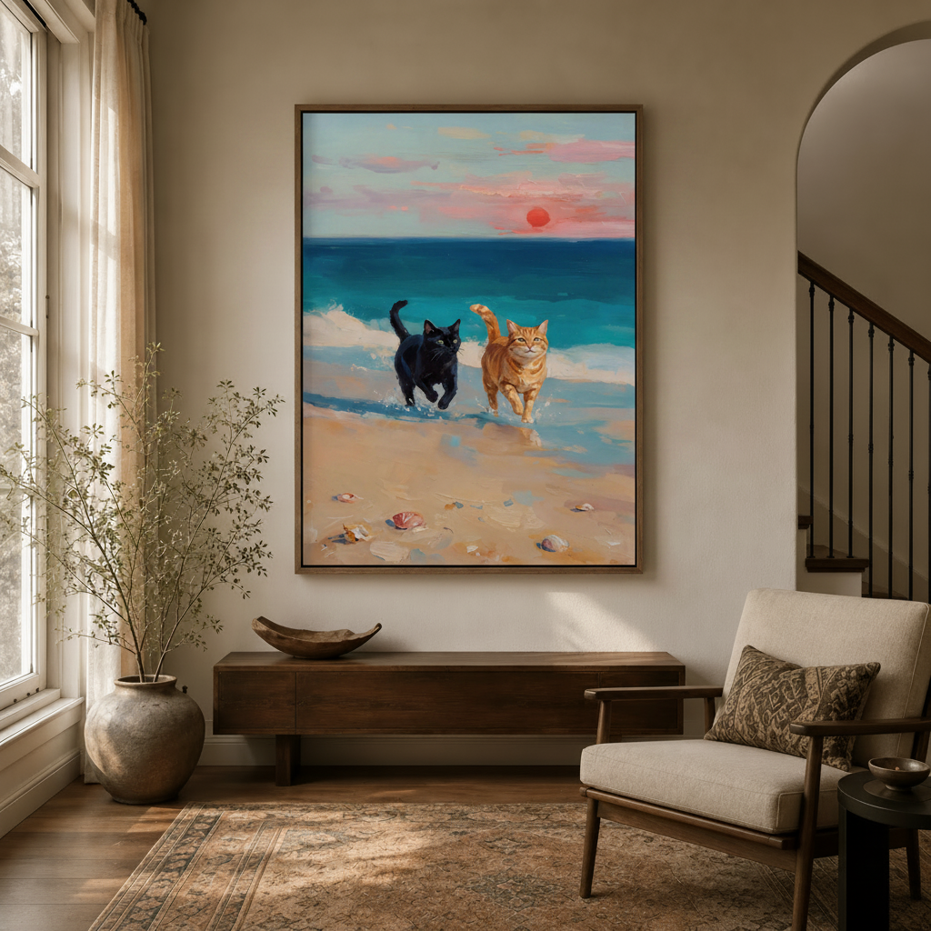 Impressionist cat beach canvas print displayed in warm entryway with natural light