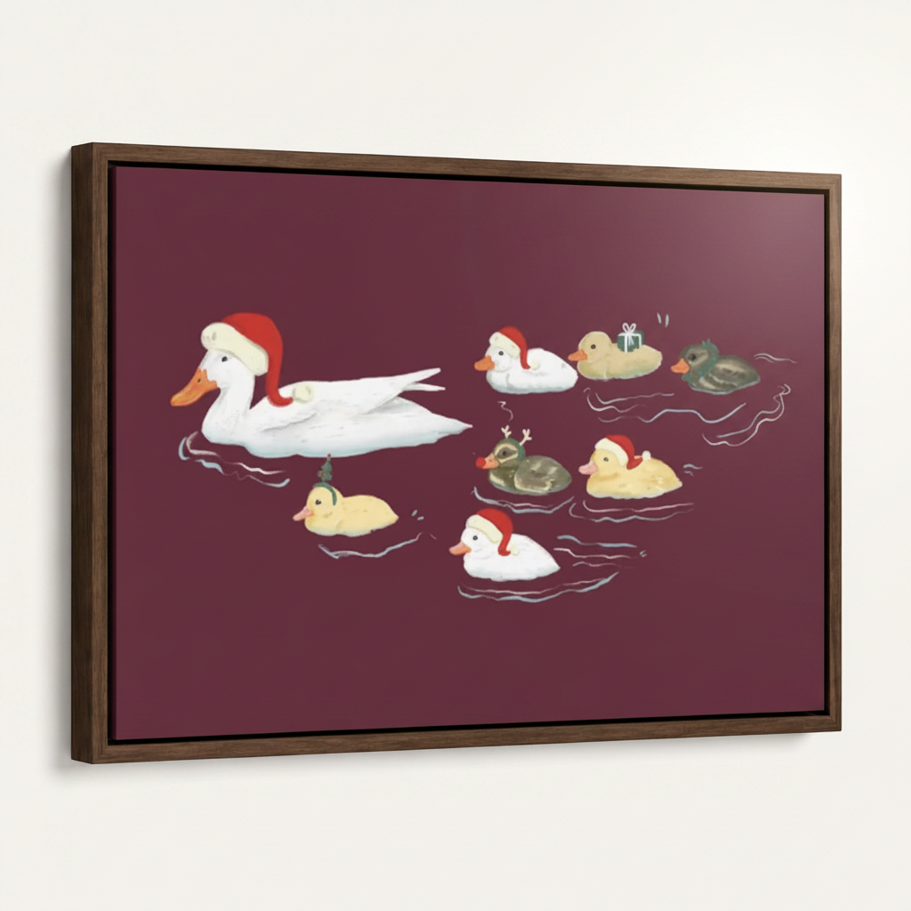 Festive duck family Santa hat canvas print dark walnut float frame 3/4 angle product mockup white background