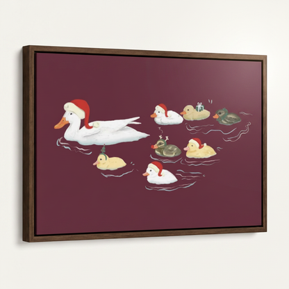 Festive duck family Santa hat canvas print dark walnut float frame 3/4 angle product mockup white background