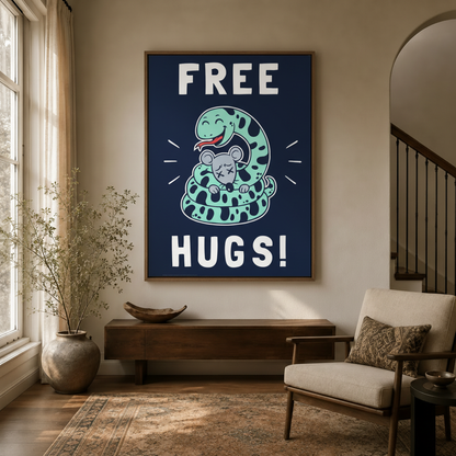 Humorous snake hugging mouse wall art in dark walnut frame hanging in cozy entryway