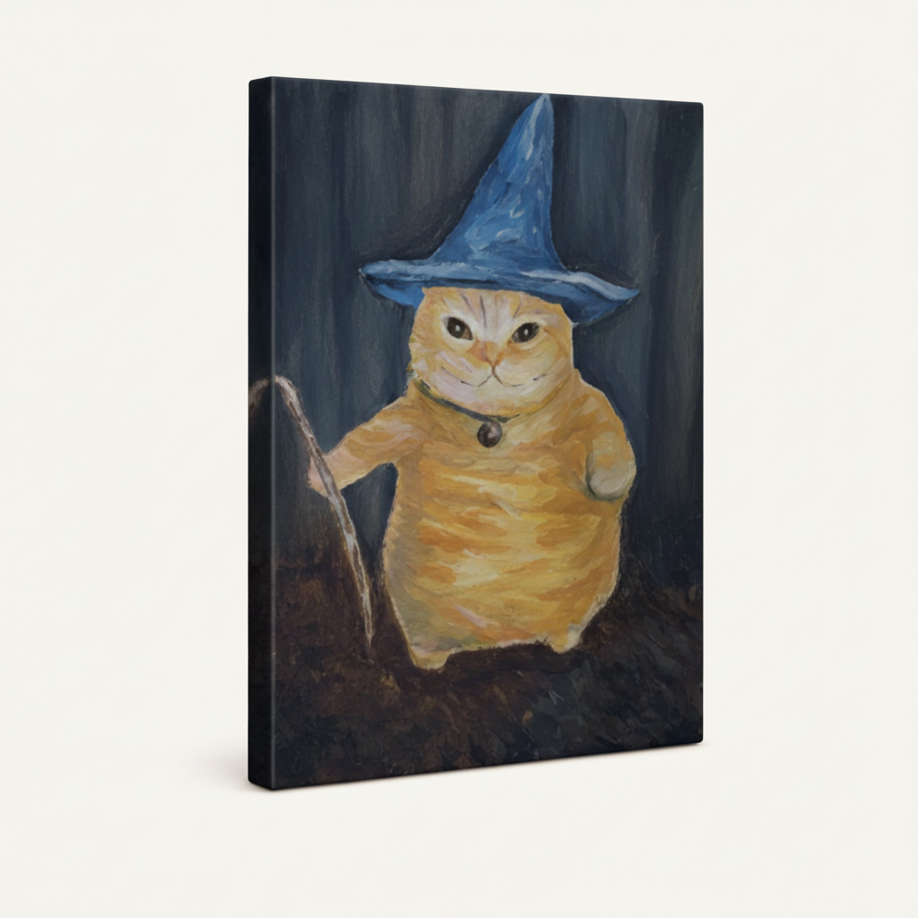 Gallery-wrapped canvas closeup of orange tabby wizard cat with blue hat and staff