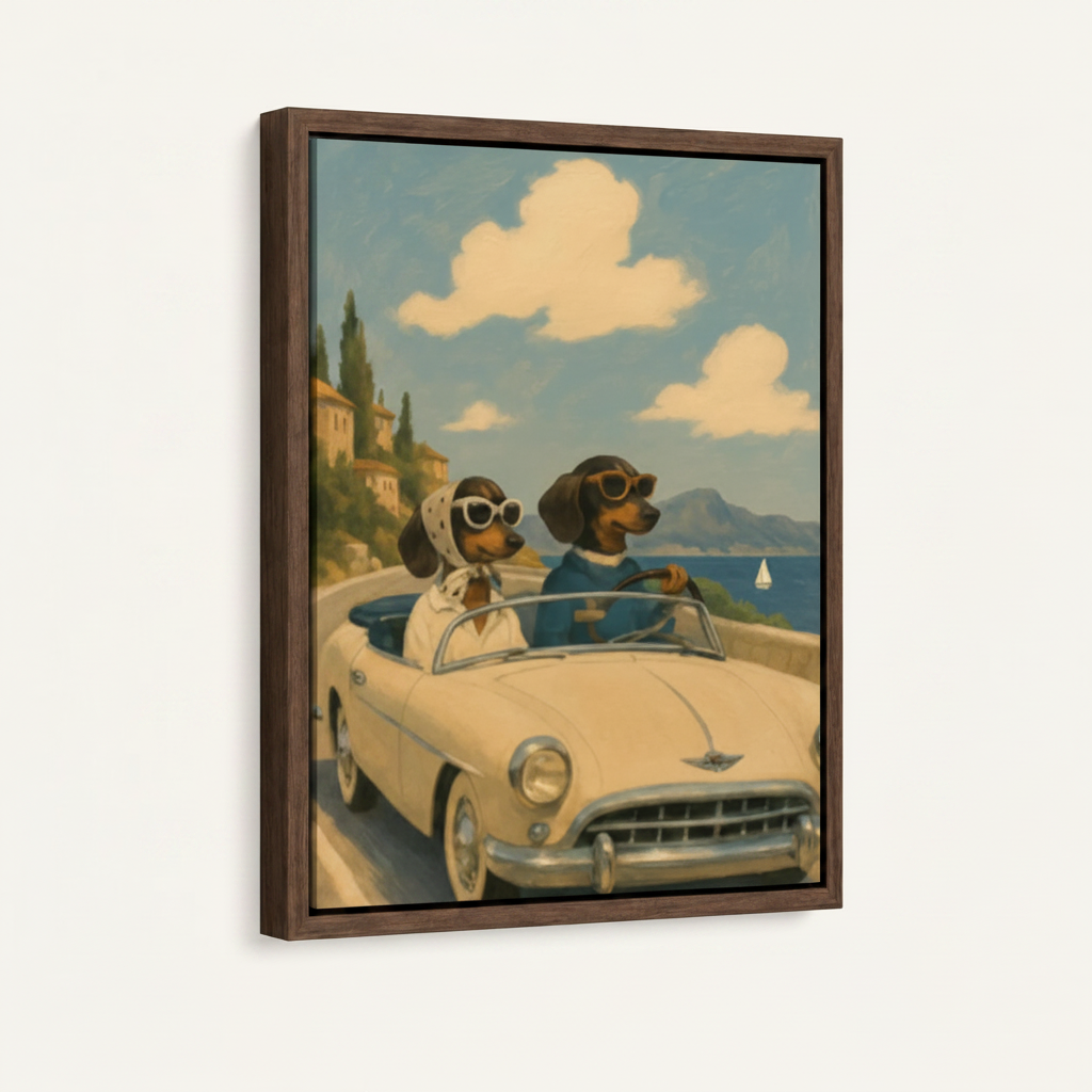 Two dachshunds in vintage cream convertible retro travel canvas in wide walnut float frame, 3/4 portrait angle