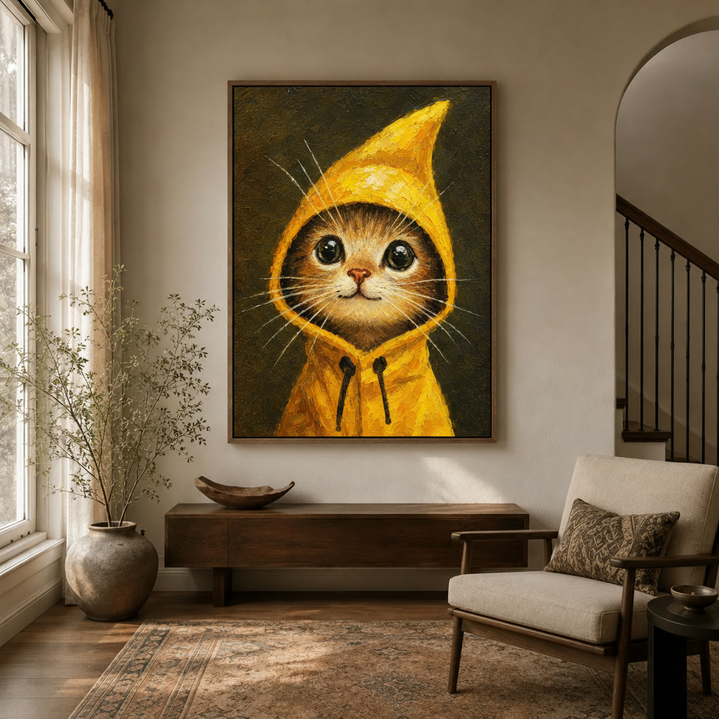 Charming tabby kitten wall art in dark float frame hung in stylish home entryway