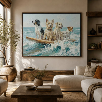 Surfing dogs impasto oil painting in a walnut float frame above a sideboard in a warm neutral living room