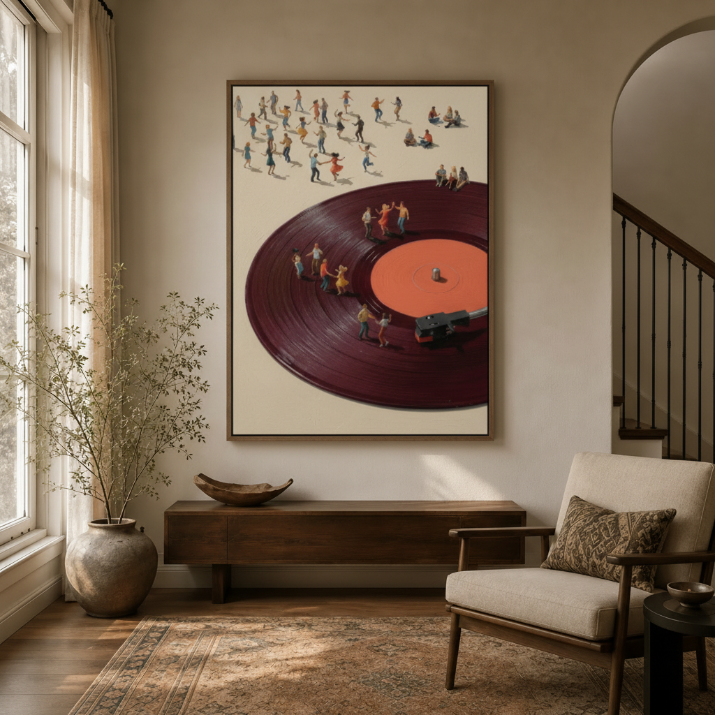 Surrealist vinyl record canvas wall art in float frame hanging above entryway console table in warm neutral foyer