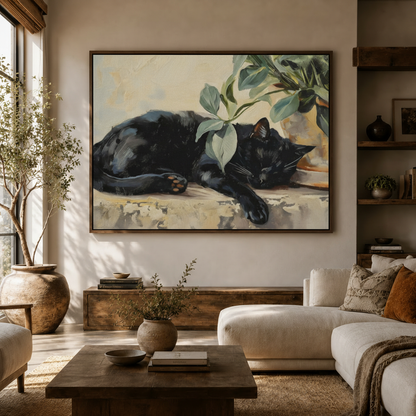 Black cat with botanicals canvas wall art above console in modern neutral living room