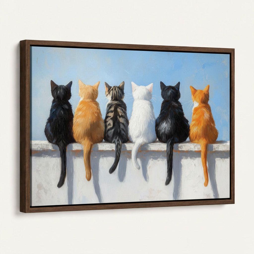 Framed six cats canvas print in dark walnut float frame angled product view white background