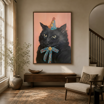 Humorous black cat with bow tie canvas wall art in walnut float frame in cozy entryway