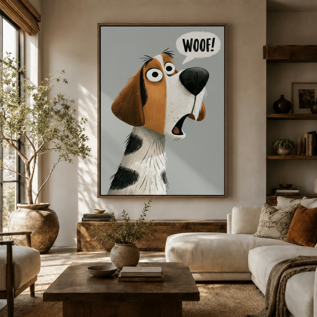 Large funny dog WOOF framed canvas art hung above a white sofa in a bright modern living room