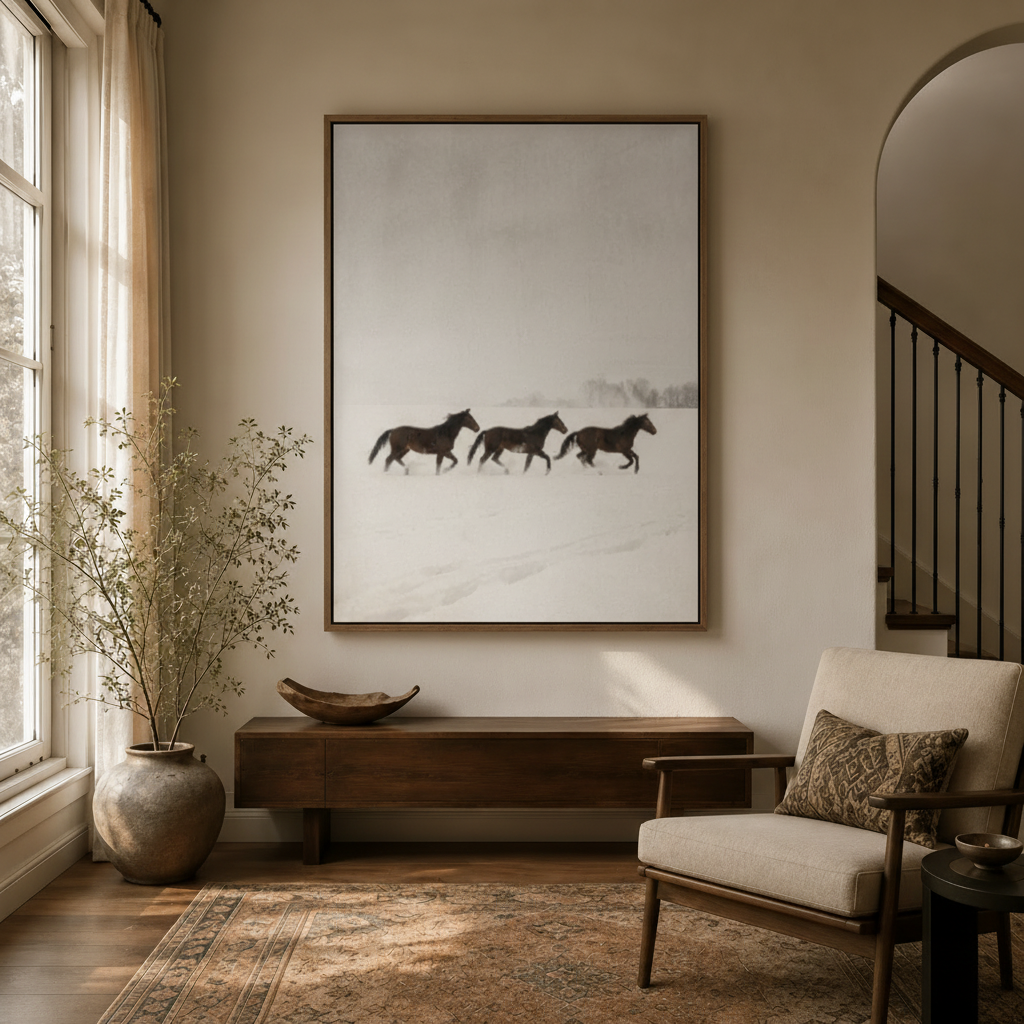 Framed winter horse canvas wall art hanging in elegant entryway with arched doorway and staircase
