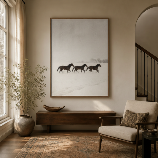 Framed winter horse canvas wall art hanging in elegant entryway with arched doorway and staircase
