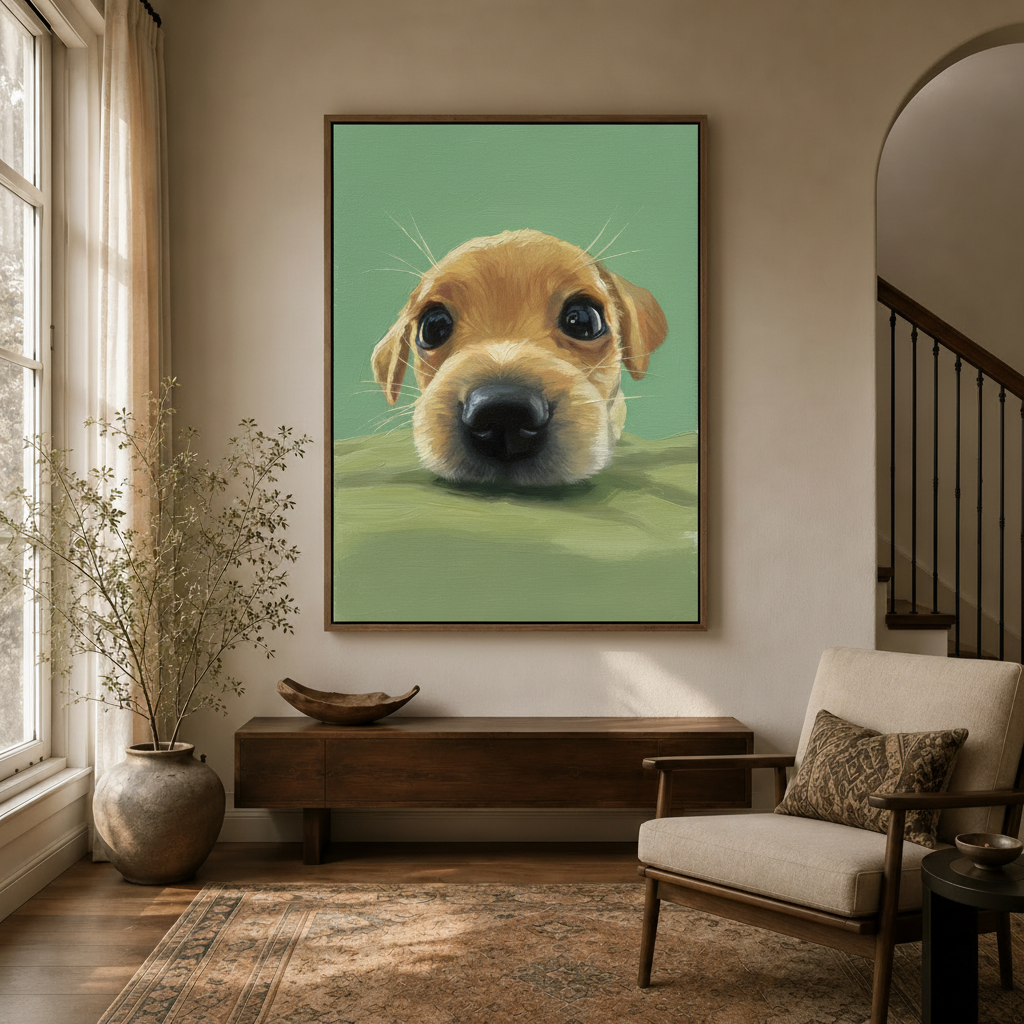 Golden puppy canvas wall art in dark wood frame hanging in modern entryway