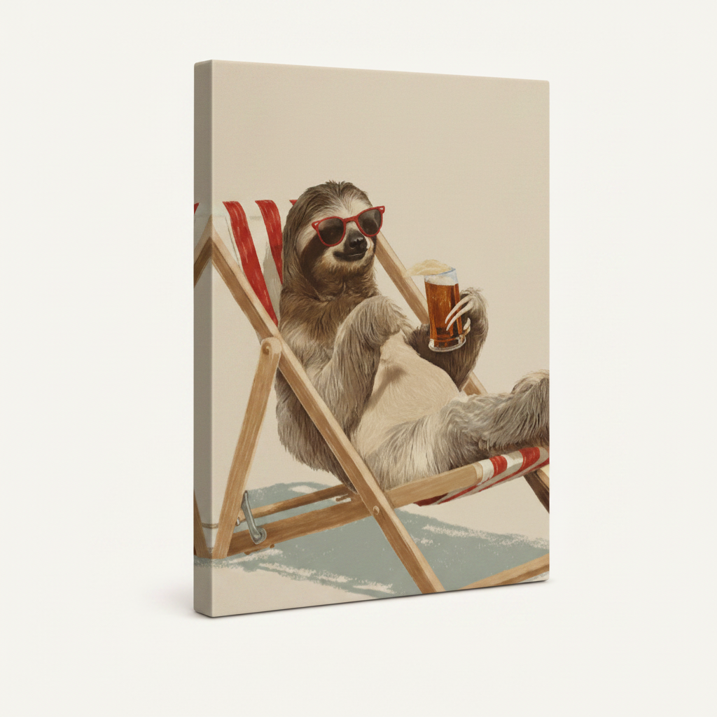 Gallery wrapped canvas side view of relaxed sloth with sunglasses and beer artwork