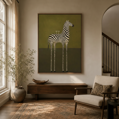 Mid-century modern zebra illustration canvas in a modern entryway hallway with arched doorway