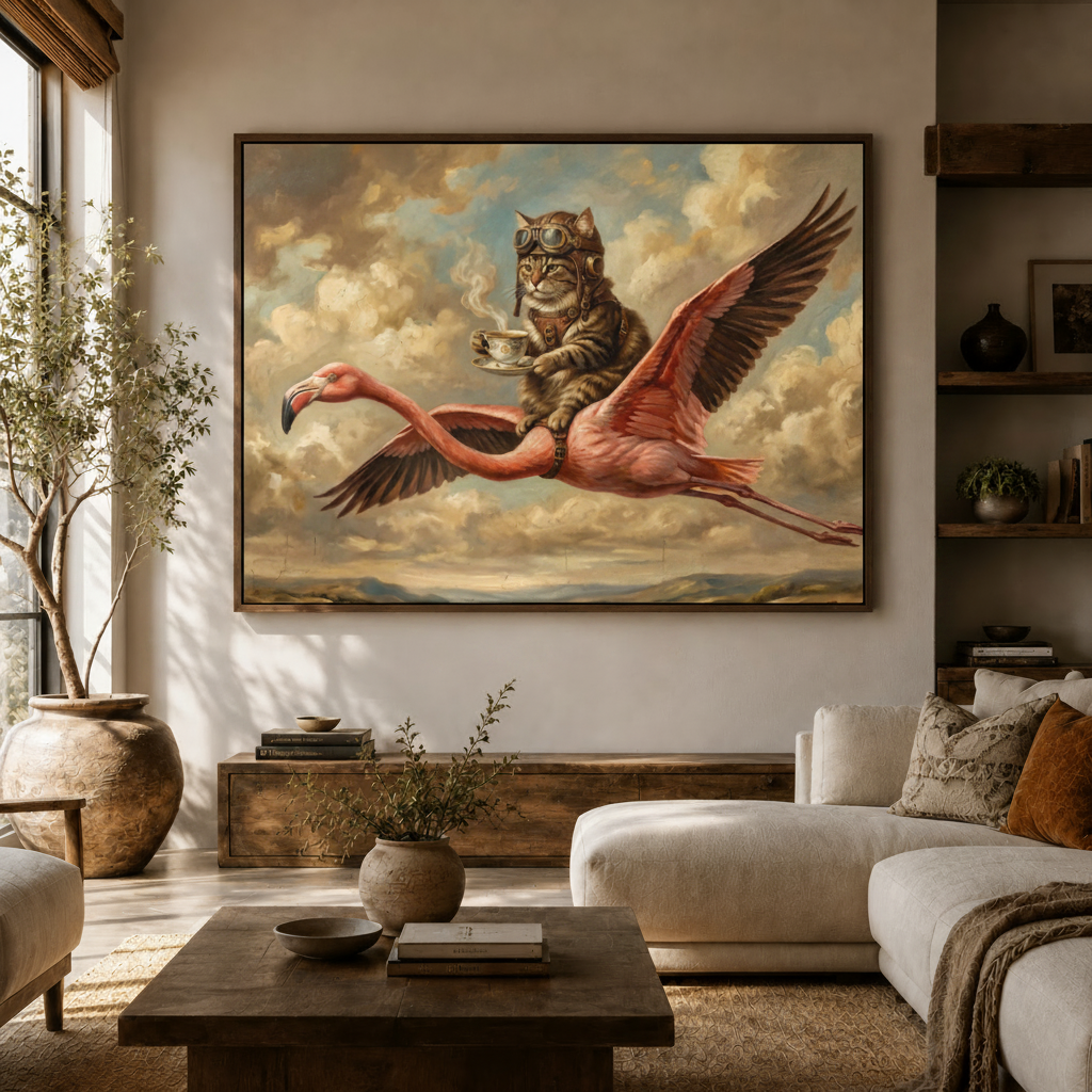 Whimsical cat flamingo surrealist canvas wall art framed above console in bright modern living room