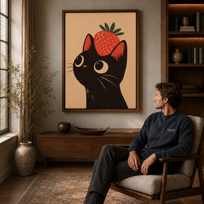 Strawberry black cat wall art displayed above a wood cabinet beside a seated man.