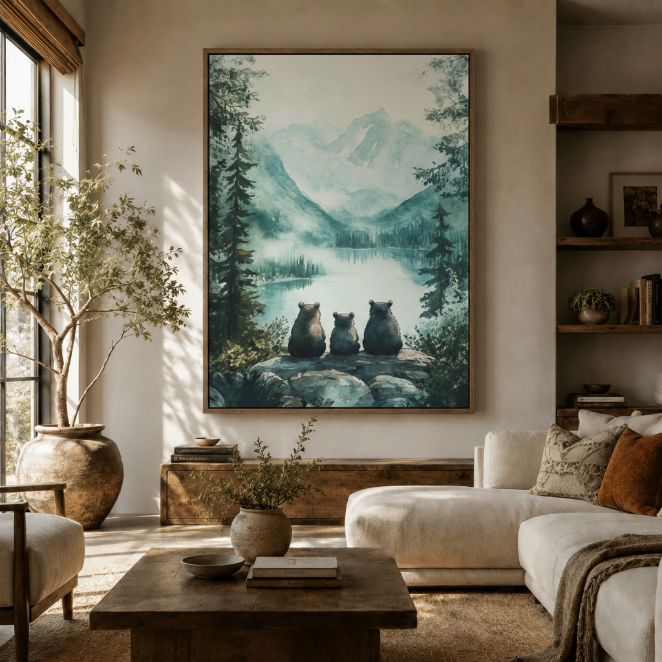 Three bears mountain lake canvas in living room with olive tree and cream sofa