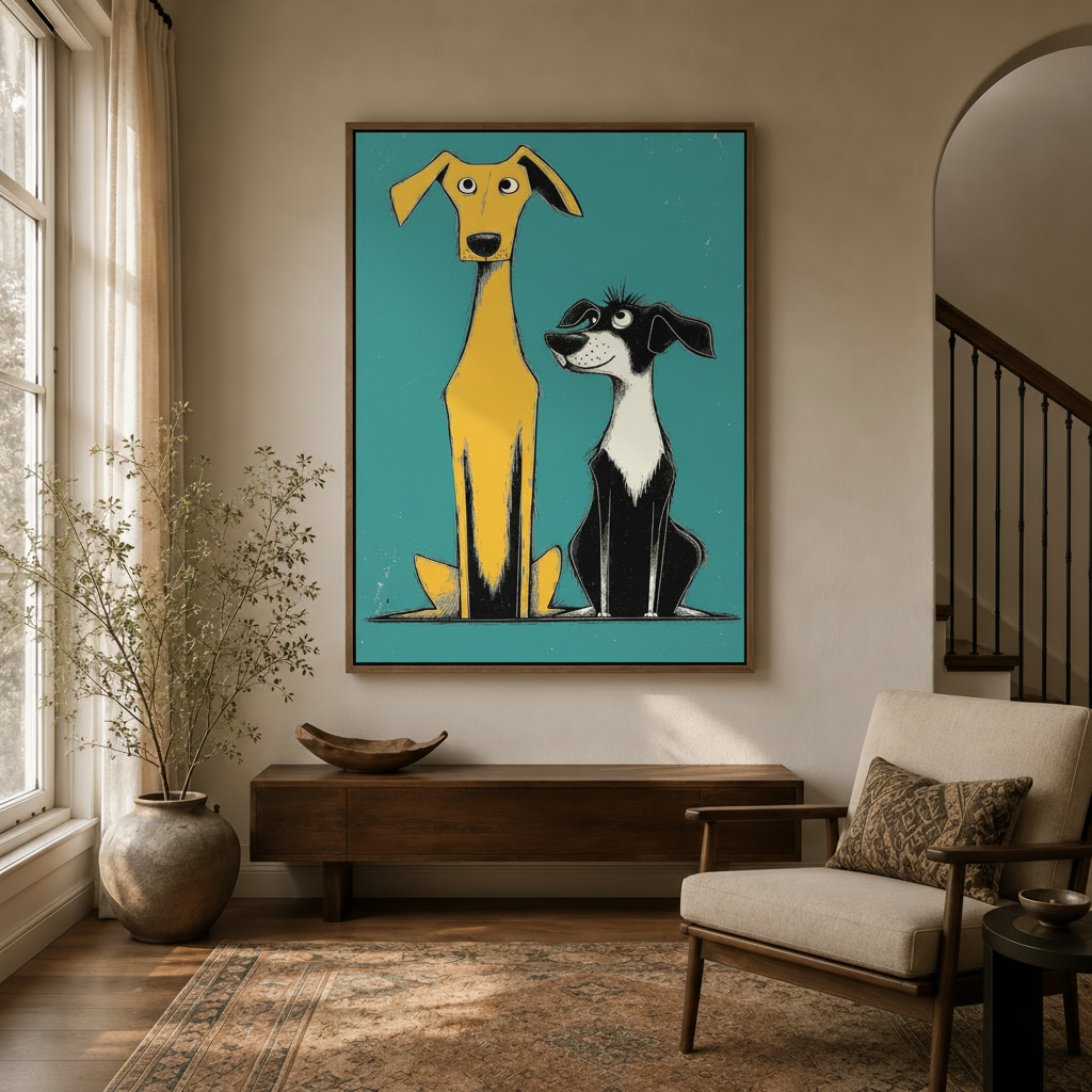Mid-century modern dog illustration framed canvas hanging in entryway hallway decor