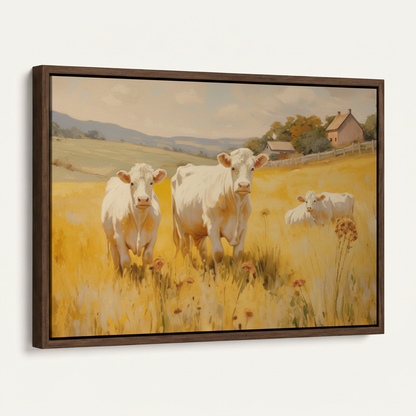 Gallery-wrapped white cows golden meadow pastoral canvas wall art with warm color wrap edges shown at left-angle view