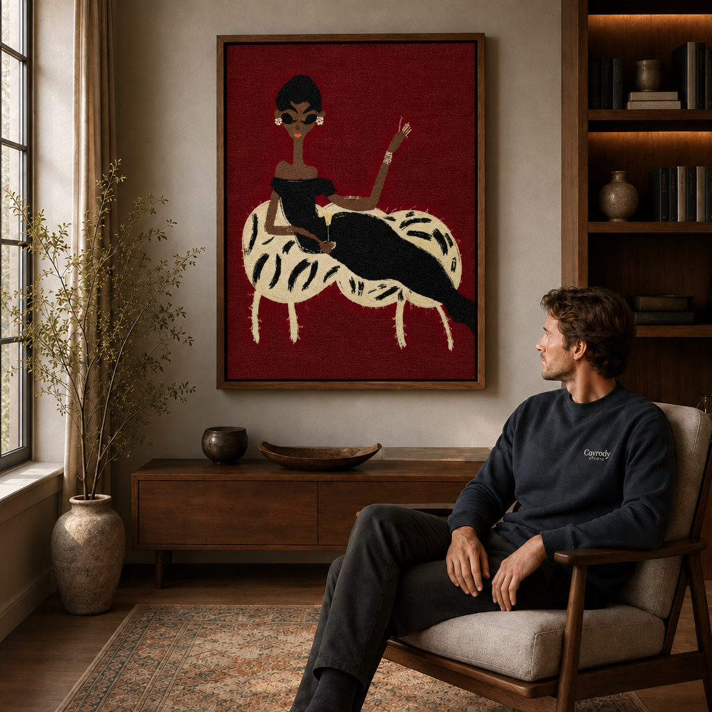 Expressive portrait canvas above a wood console with a seated man, armchair, and sunlit window.
