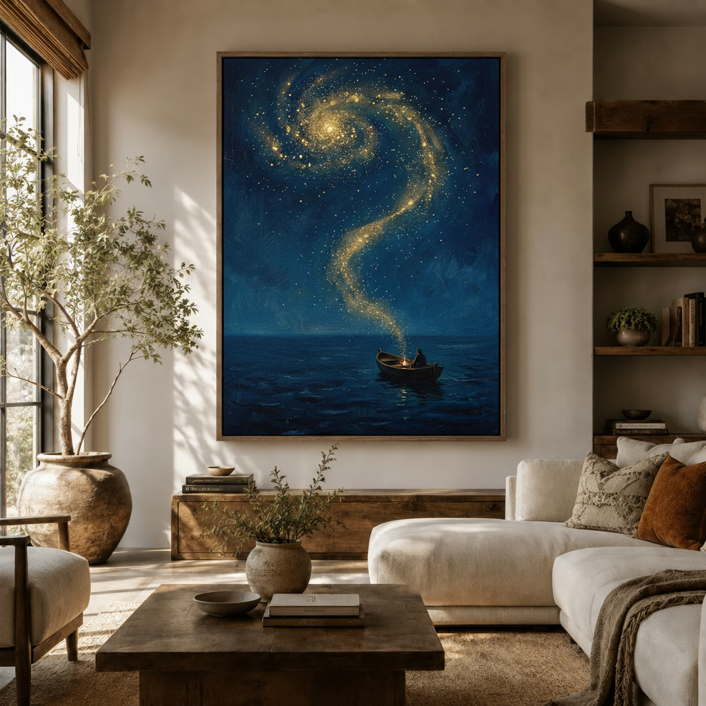 Starry night galaxy canvas wall art with deep navy and gold tones styled above a console in a warm living room