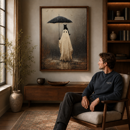 Framed ghost and black cat artwork above a wooden cabinet, with a seated man beside the window.