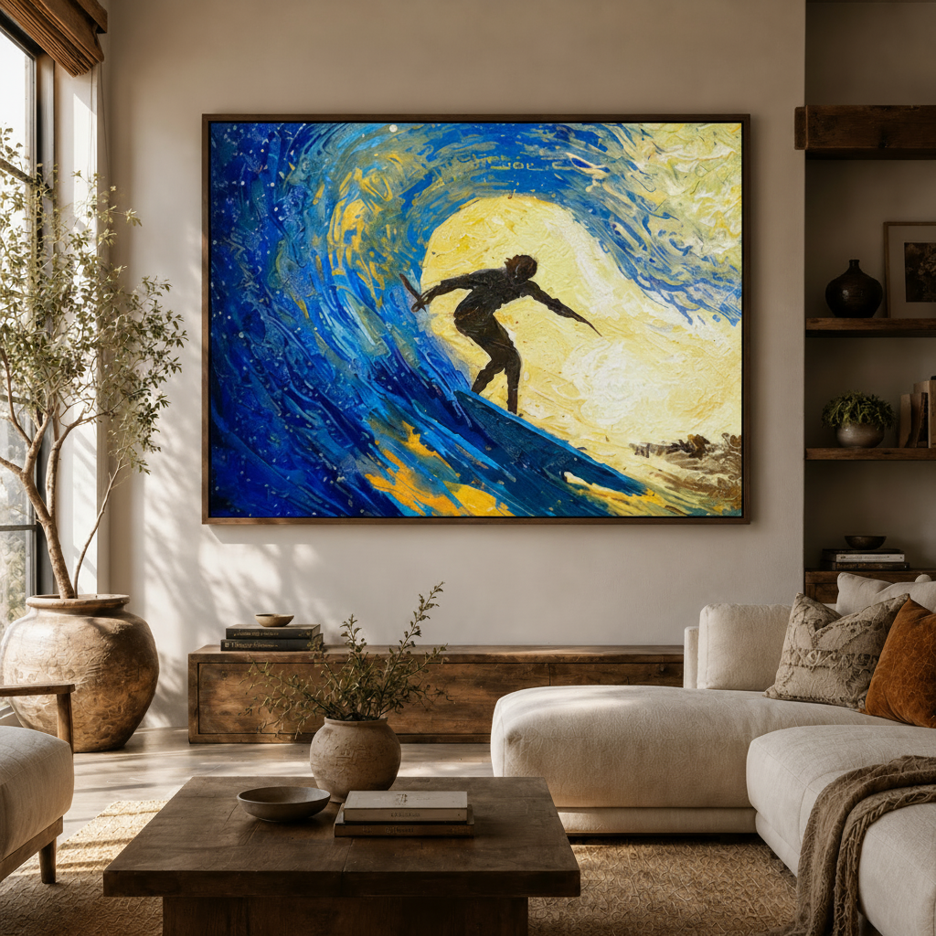 Framed surfer wave canvas wall art displayed in boho living room above wooden sideboard