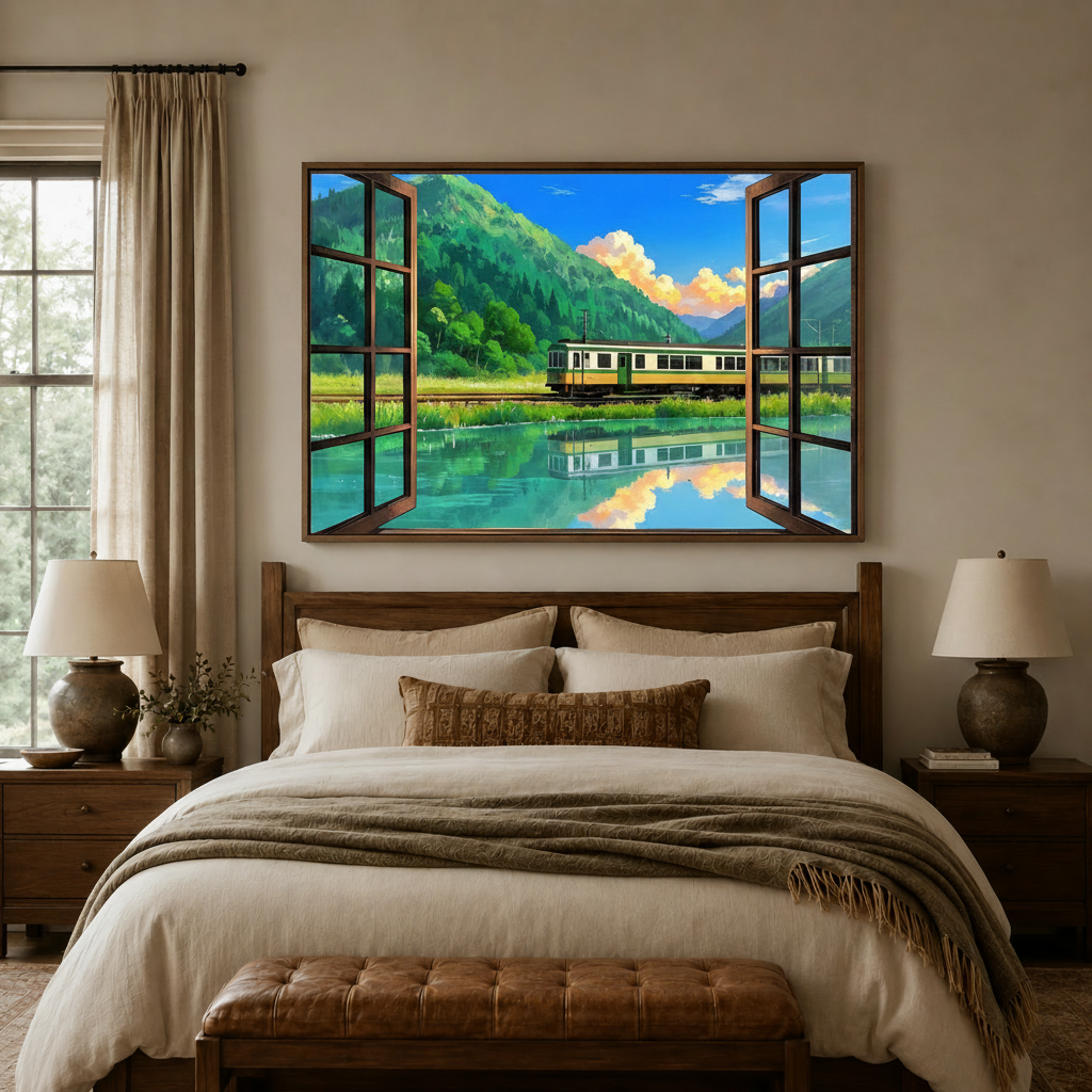 Ghibli-style window train canvas wall art above bed headboard in warm-toned bedroom