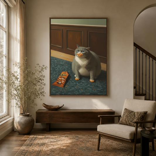 Hyperrealistic chubby cat wall art hanging in a cozy entryway with arched doorway and natural light