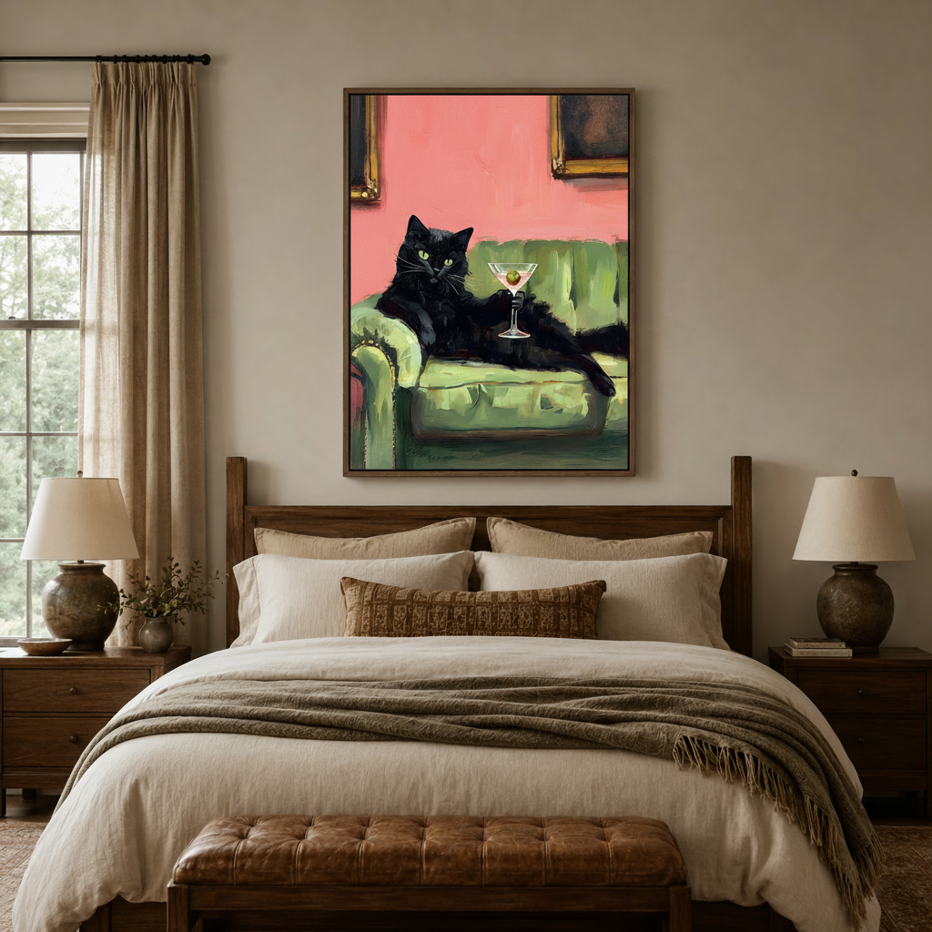 Black cat holding martini glass oil painting in walnut float frame above dark wood bed in cozy bedroom