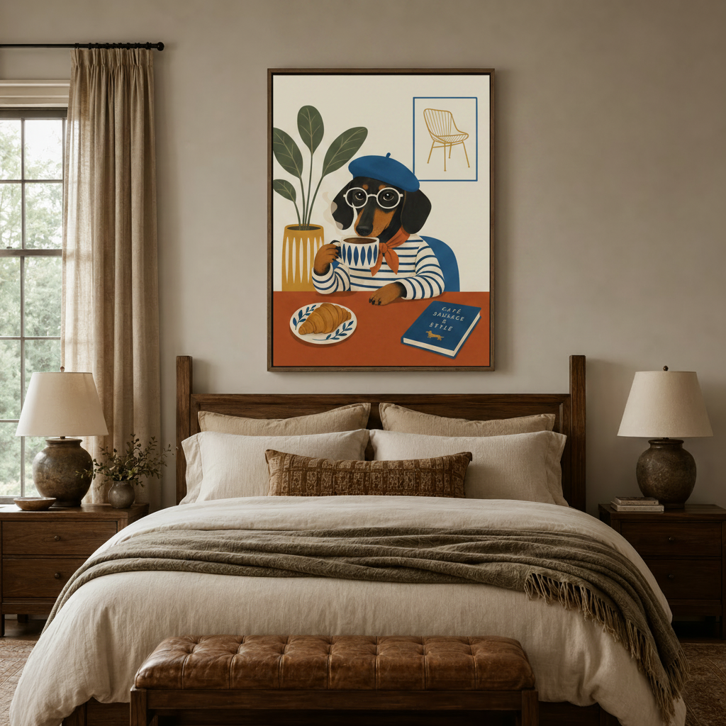 Eclectic dachshund in beret canvas art above dark walnut bed with cream bedding in cozy neutral bedroom