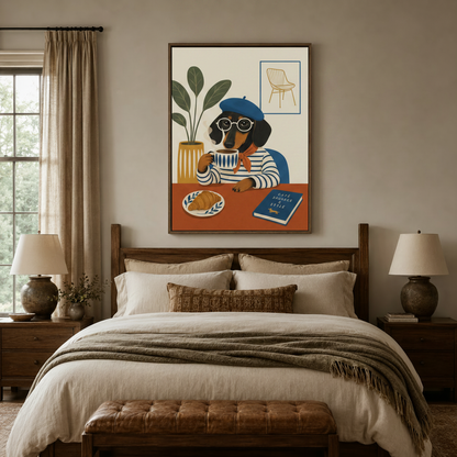 Eclectic dachshund in beret canvas art above dark walnut bed with cream bedding in cozy neutral bedroom