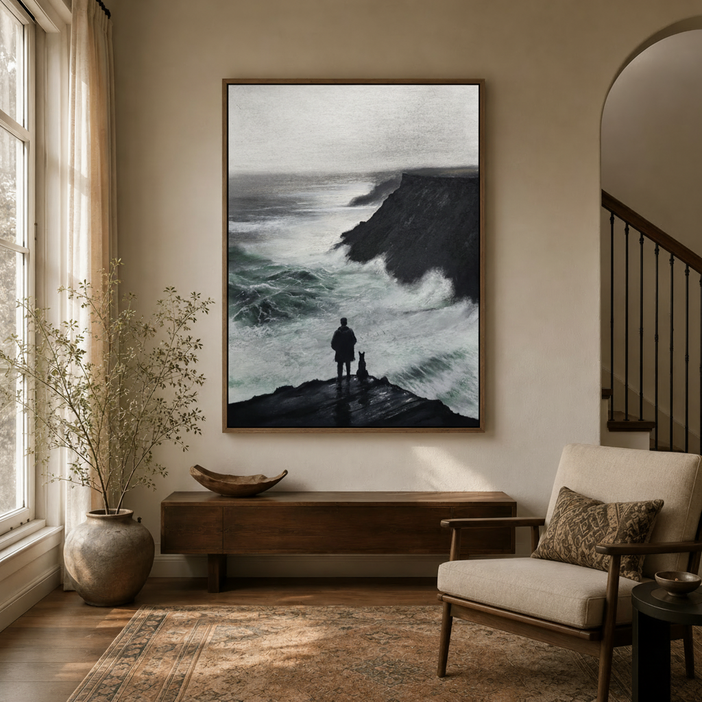 Dark coastal wall art in thin wood float frame hung in entryway hallway decor