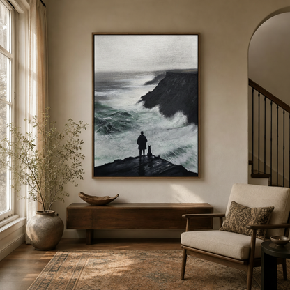Dark coastal wall art in thin wood float frame hung in entryway hallway decor