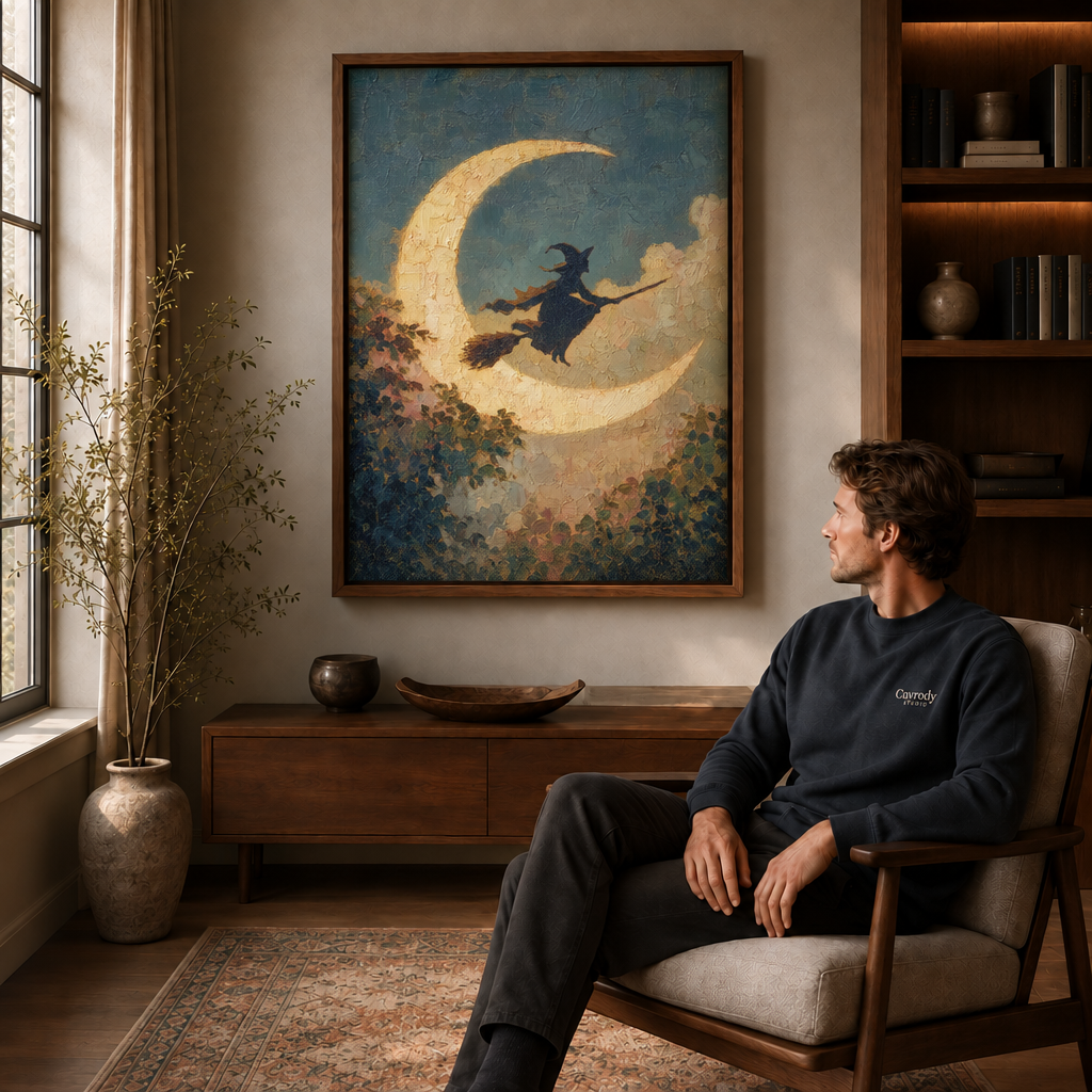 Crescent moon witch artwork framed above a console with a seated model in an armchair
