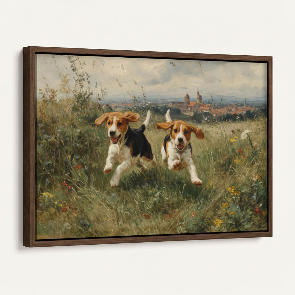 Framed two beagles running canvas print in dark walnut float frame angled product view