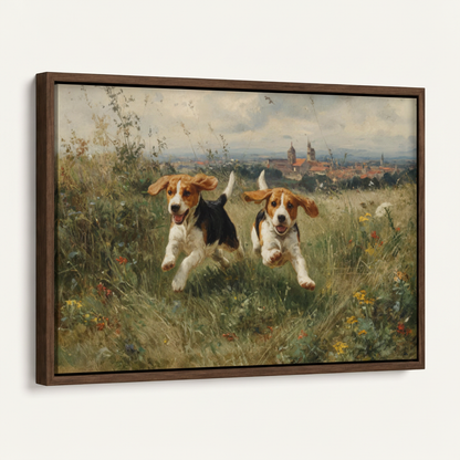 Framed two beagles running canvas print in dark walnut float frame angled product view