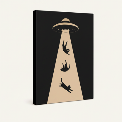 Side angle view of black and tan UFO cat canvas print showing gallery-wrapped edge detail