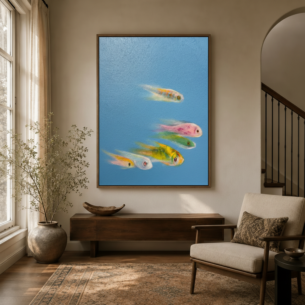 Framed pastel fish canvas wall art hanging in modern entryway with arched doorway