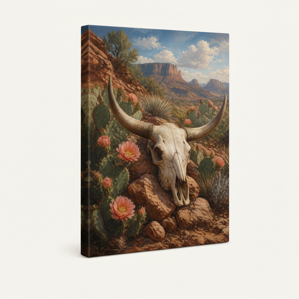 Gallery-wrapped Southwest skull canvas with terracotta wrap sides showing seamless edge continuation