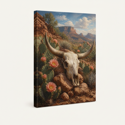 Gallery-wrapped Southwest skull canvas with terracotta wrap sides showing seamless edge continuation
