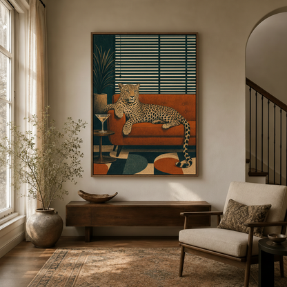 Bold leopard framed canvas print hanging in entryway with arched doorway and dried branch vase