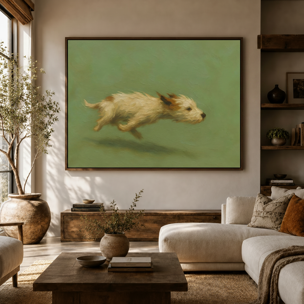 Running dog vintage oil painting framed canvas displayed above living room sideboard