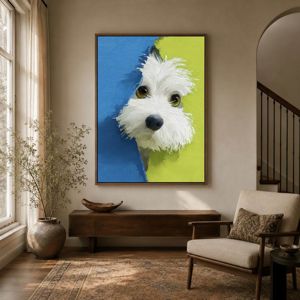 Bold color-block dog wall art framed canvas in modern entryway hallway with arched doorway