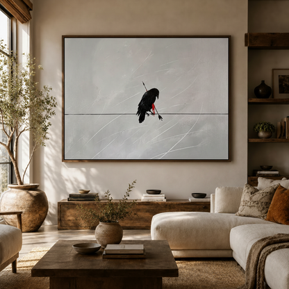 Dark raven on wire canvas wall art hung above sideboard in modern neutral living room